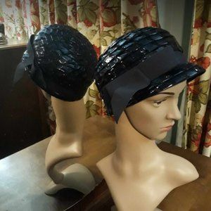 Vintage black lacquered woven WIDE straw "cloche"style hat